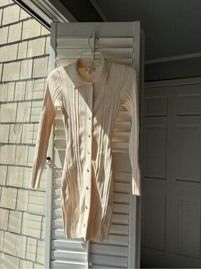 Meshki Cream Ribbed Button-Front Collared Knit Mini Dress